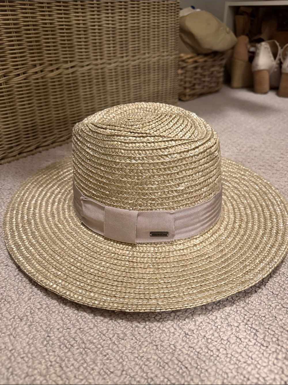 Straw Sun Hat by Brixton silver, grey Ribbon